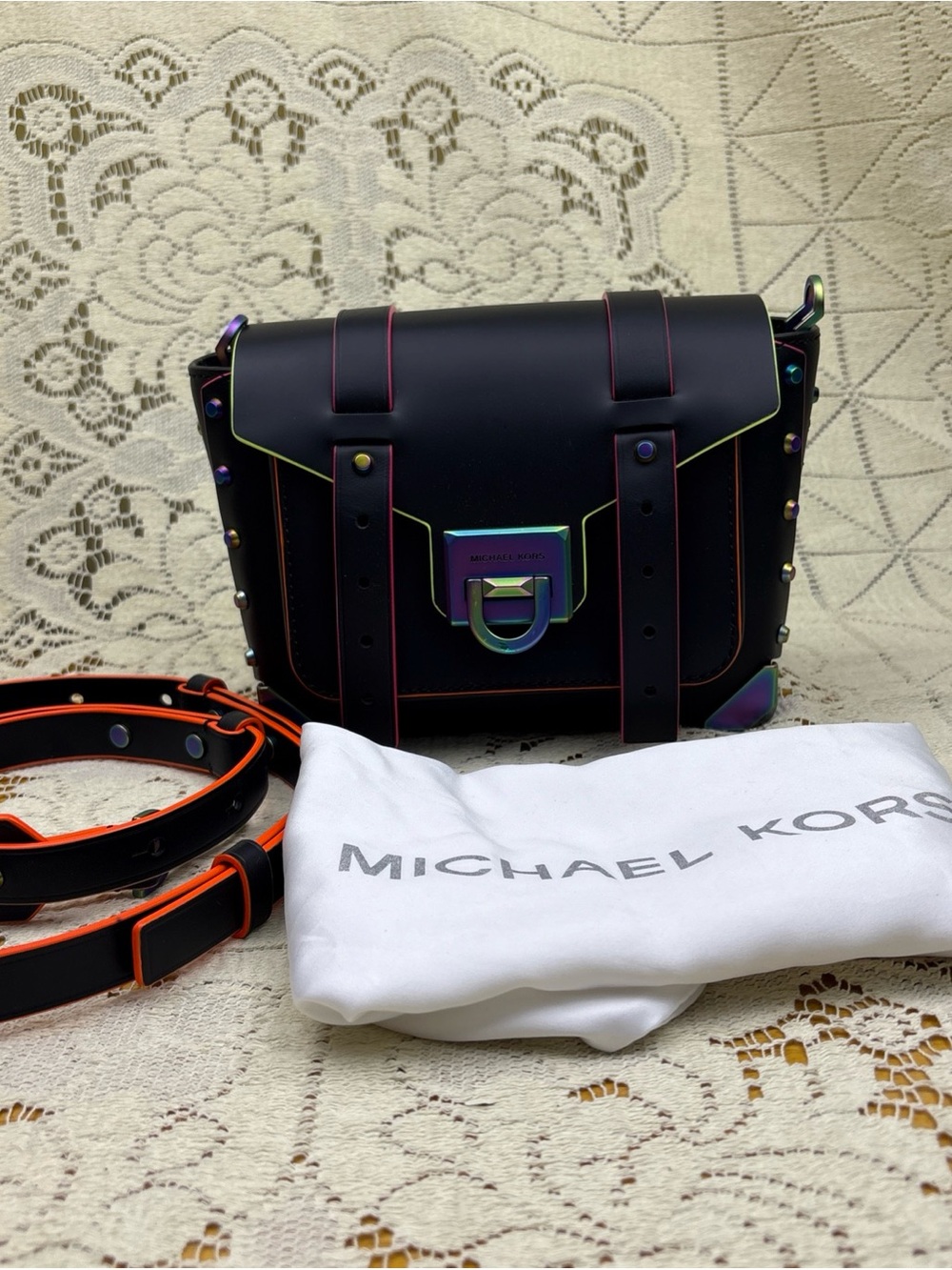 Michael Kors Manhattan Black Leather Satchel with Neon Trim and Rainbow Hardware